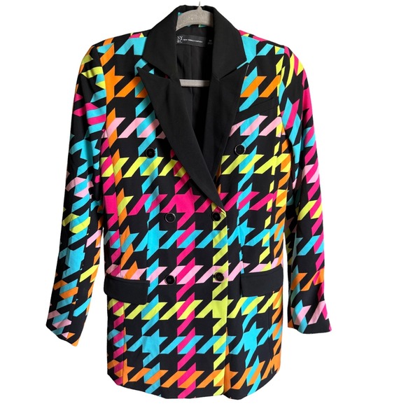 New York & Company Neon Houndstooth Double Breasted Blazer Black Multi XS - Picture 2 of 7